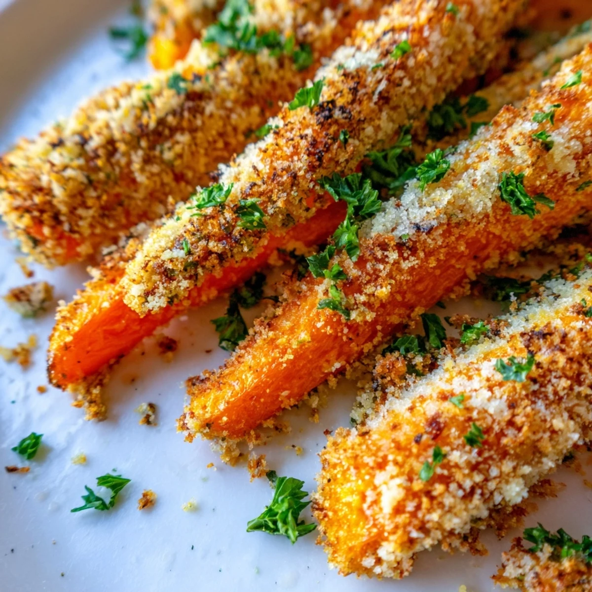 Golden roasted crispy Parmesan carrots arranged on a white platter with fresh parsley garnish