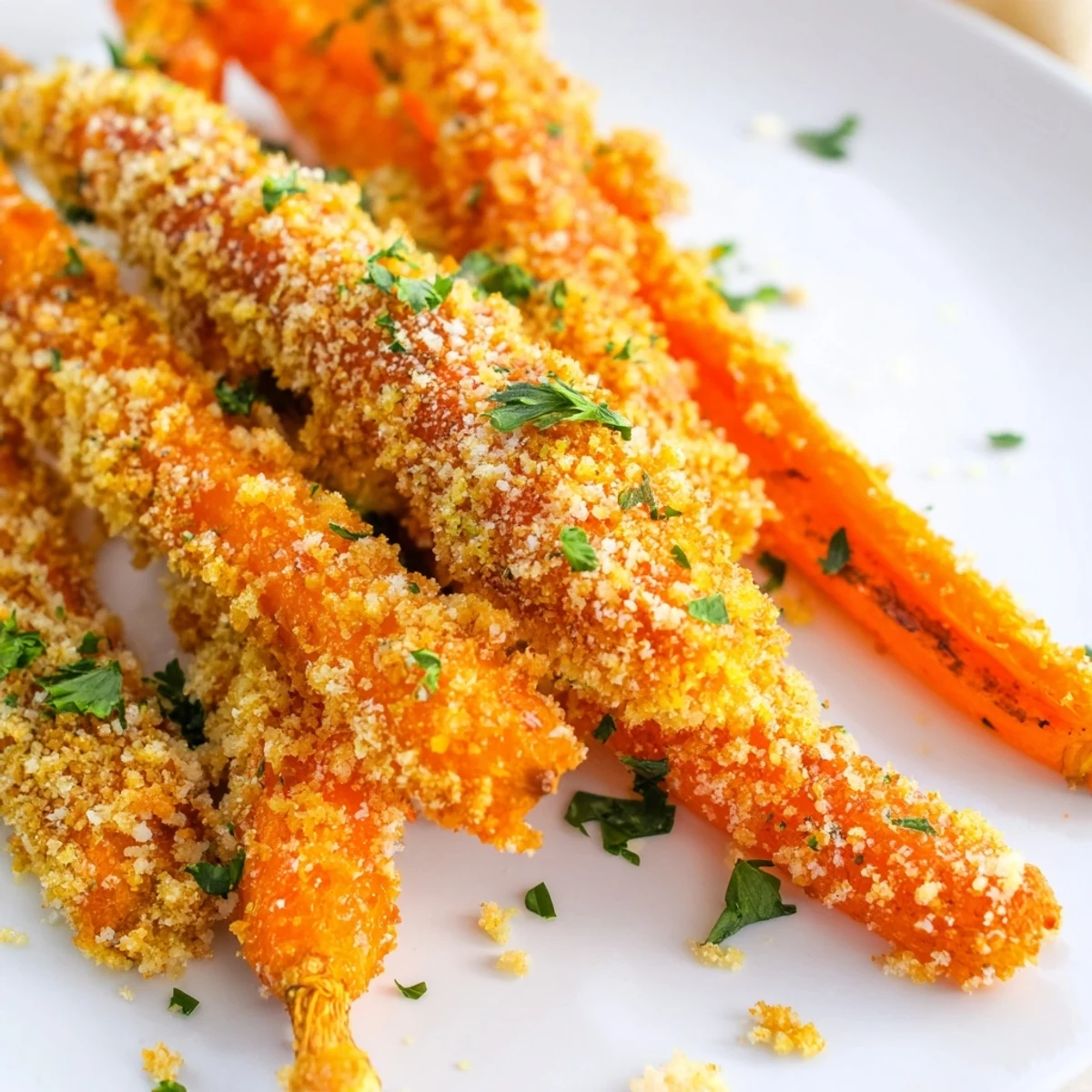 Oven-baked carrot sticks coated in cheesy breadcrumb crust showing golden brown crispy edges