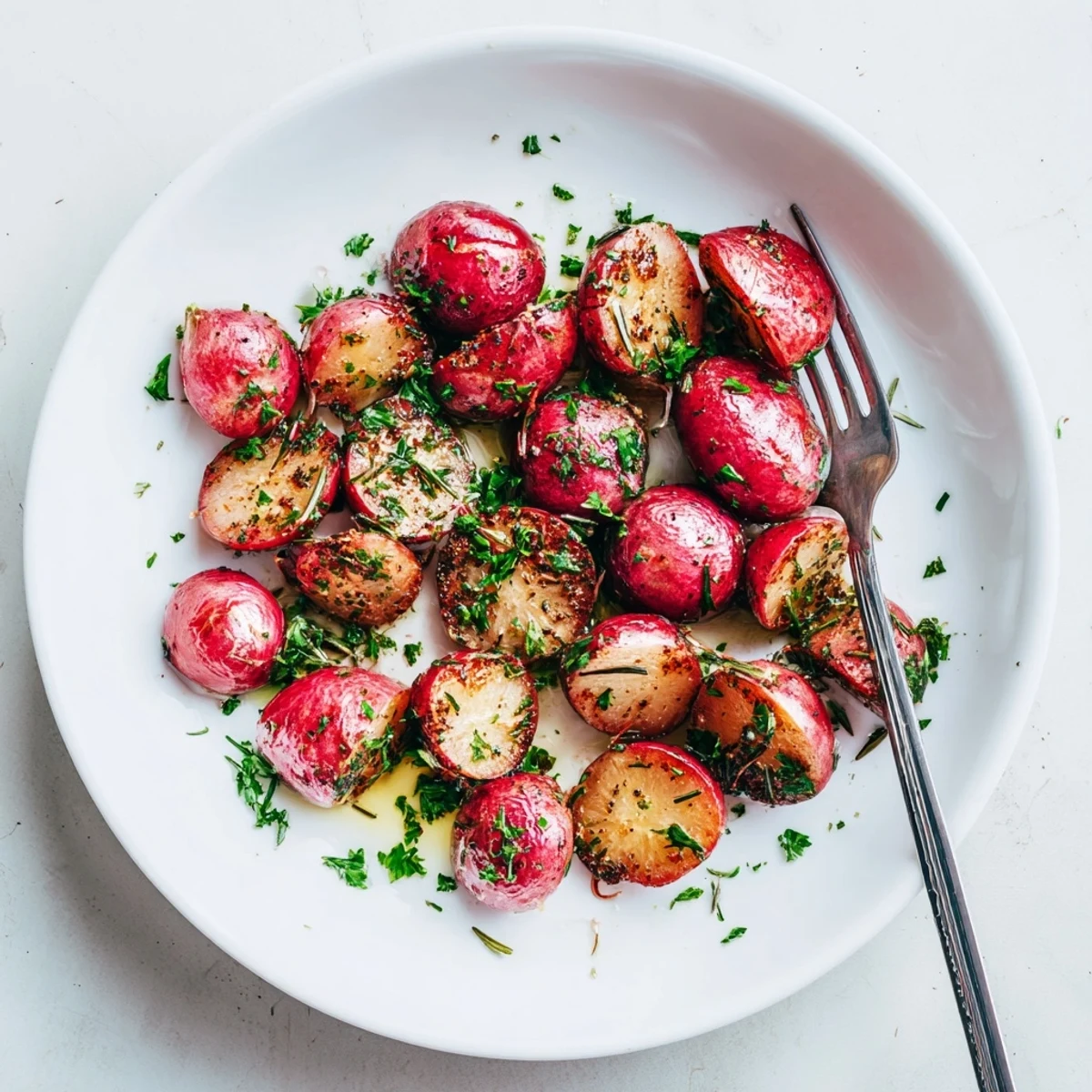 Golden brown roasted radishes sprinkled with fresh herbs on a white ceramic serving plate