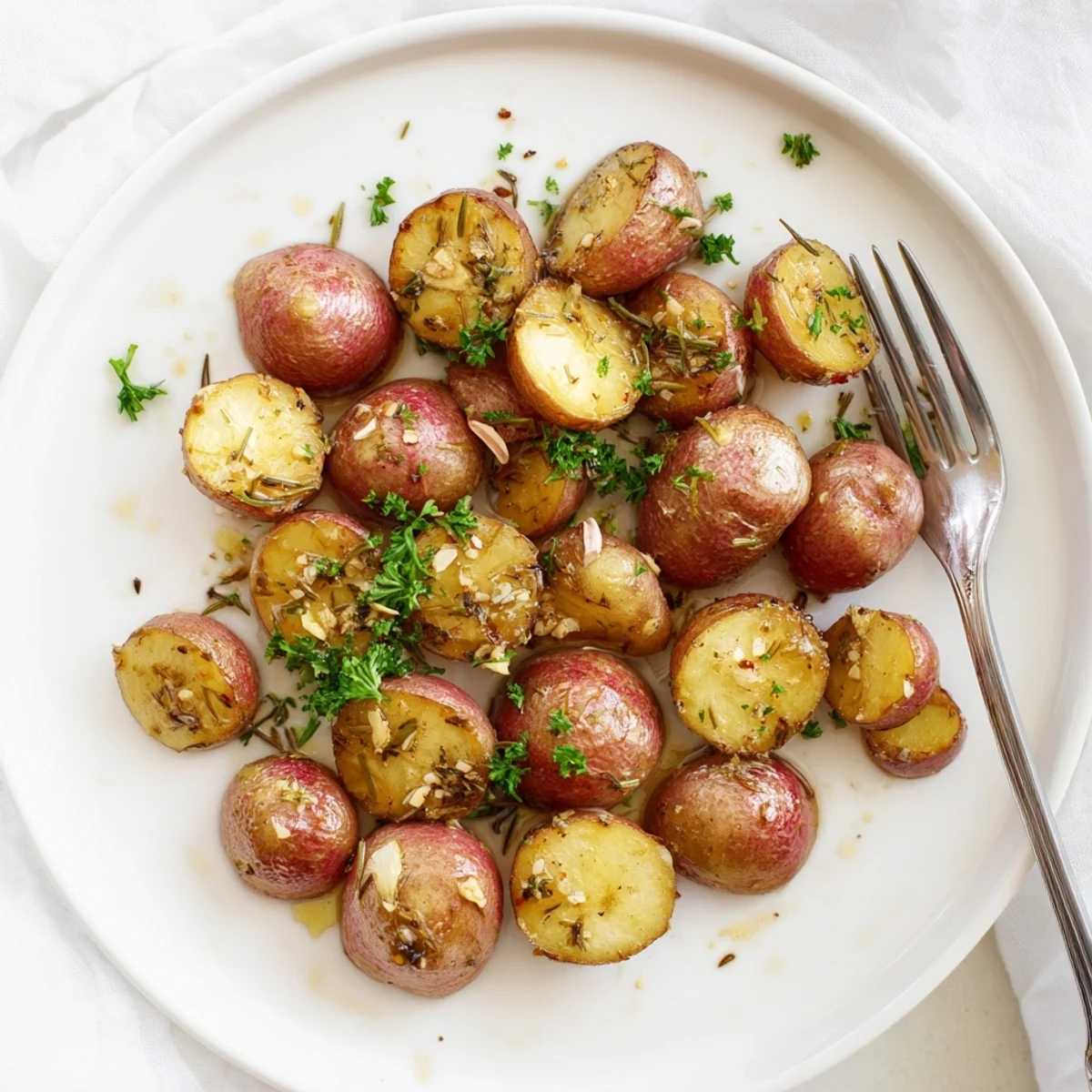 Tender low-carb roasted radishes tossed with garlic and thyme on a parchment-lined baking sheet