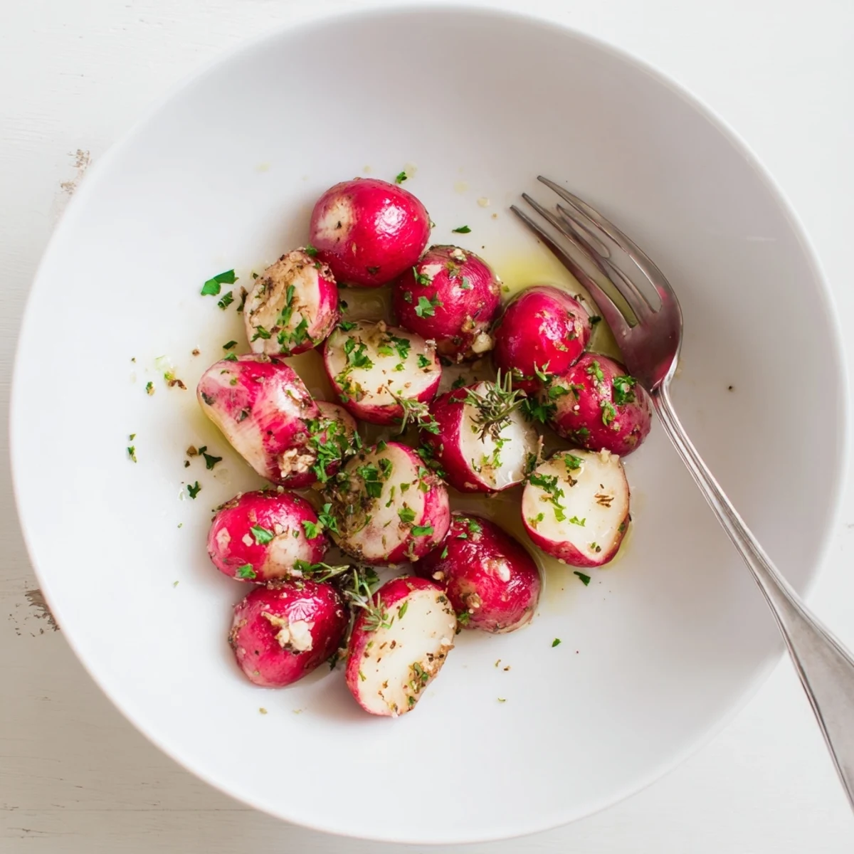 Savory garlic herb roasted radishes arranged on a rustic wooden board with parsley garnish