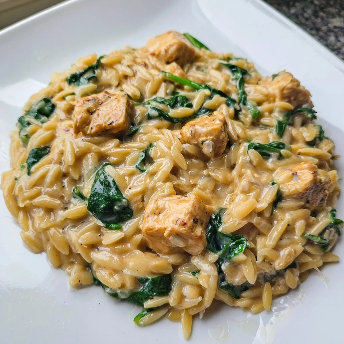 Creamy garlic butter pepper jack chicken orzo in a skillet with melted cheese and wilted spinach