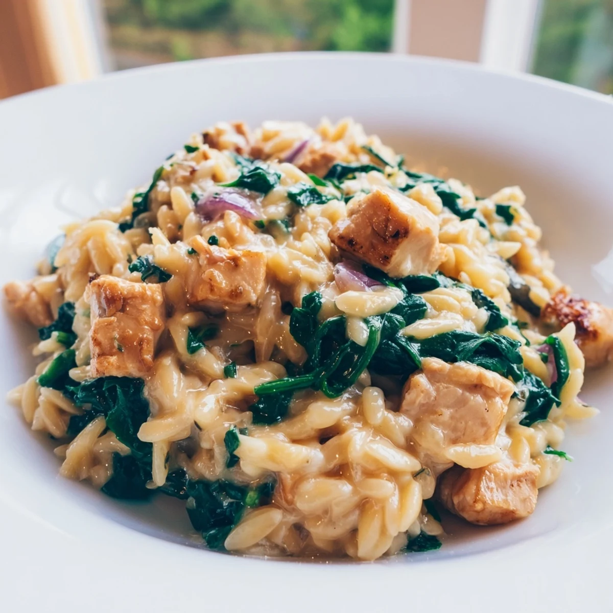 One-pan chicken orzo with creamy spinach and melted Pepper Jack cheese served in a deep skillet