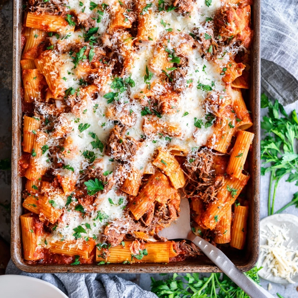 Golden bubbling chuck roast pasta bake featuring tender shredded beef layered over rigatoni in rich tomato sauce with melted mozzarella and Parmesan topping