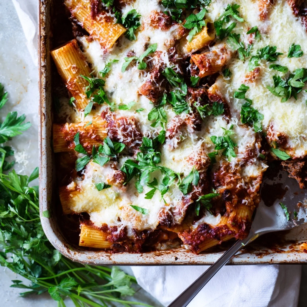 Hearty chuck roast pasta bake fresh from the oven showing cheese-covered rigatoni mixed with slow-cooked beef in thick red tomato sauce