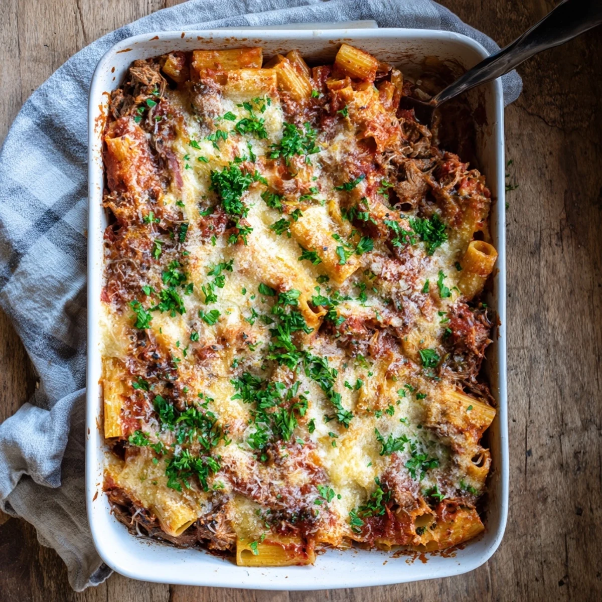 Comforting chuck roast pasta bake displaying fork-tender beef chunks mingled with pasta and cheese under a golden brown bubbly crust
