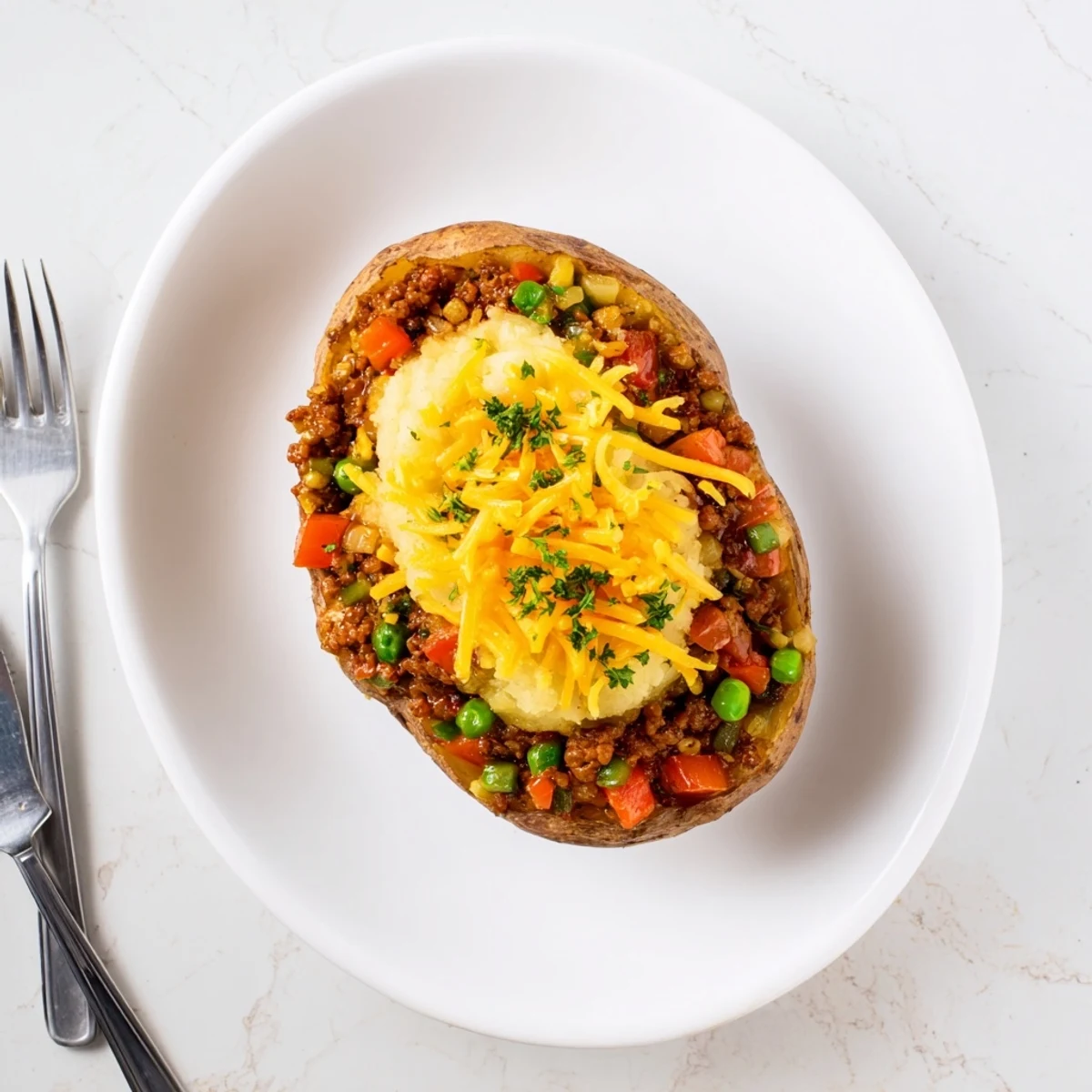 Golden shepherd's pie baked potato with fluffy mashed topping and savory lamb filling