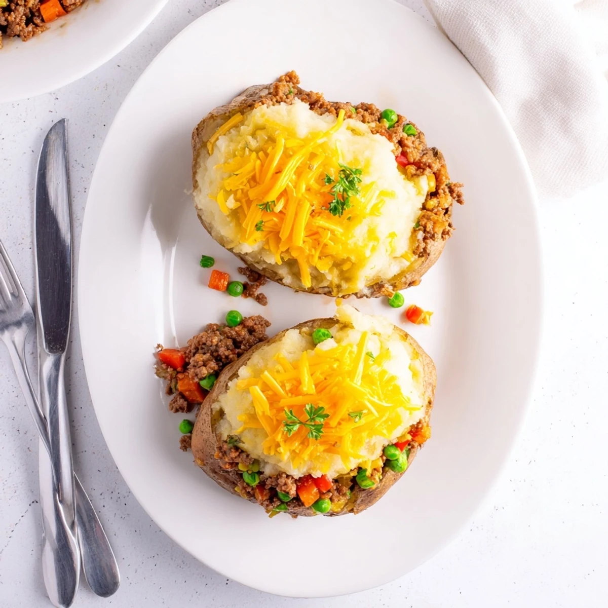 Russet potato stuffed with seasoned ground lamb, vegetables, and creamy mashed potato crust