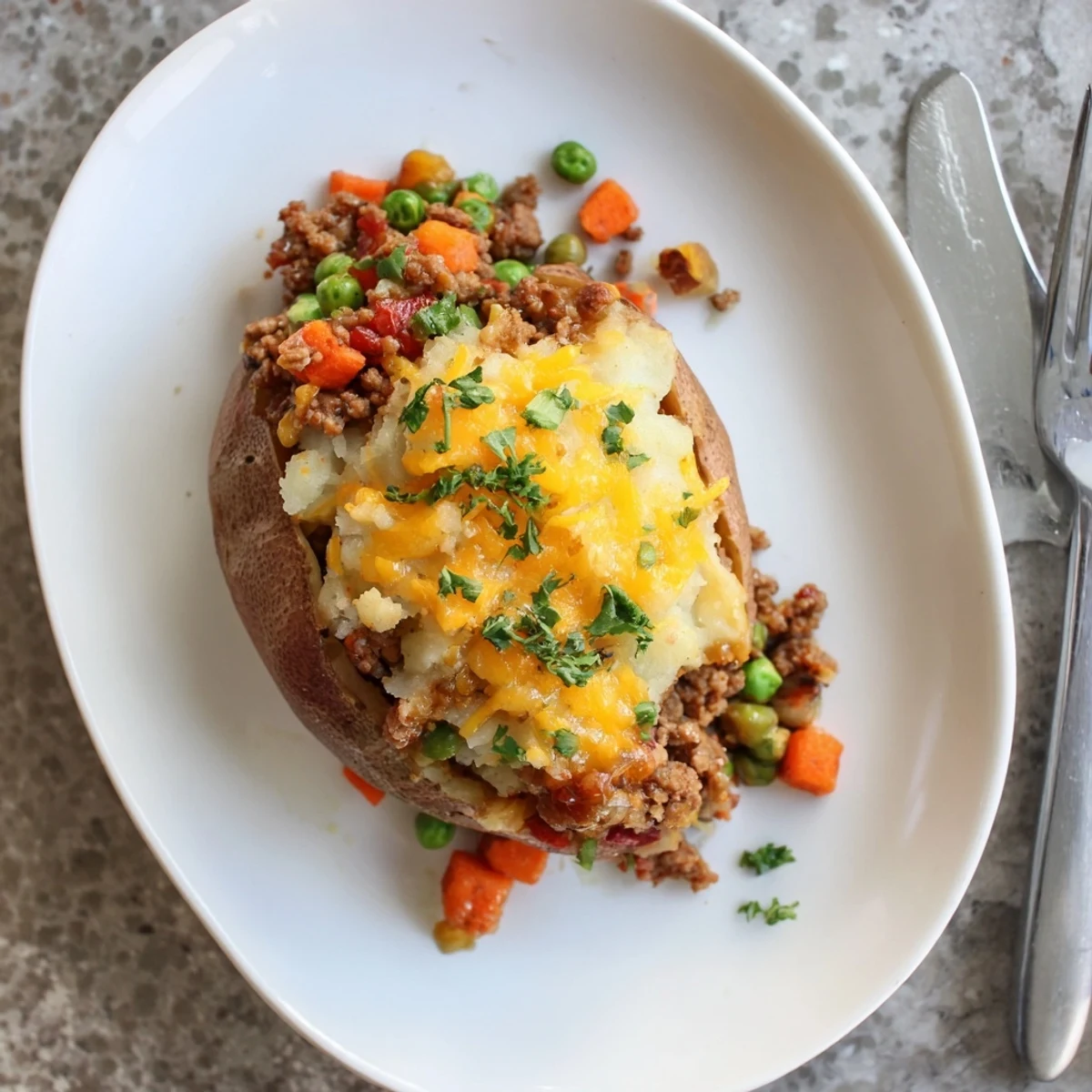 Hearty shepherd's pie baked potato topped with golden mashed potatoes and fresh parsley garnish