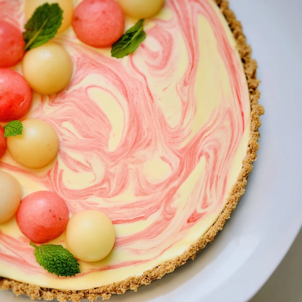 Frozen watermelon lemon cream tarts with pink swirls in crispy graham cracker shells garnished with fresh mint