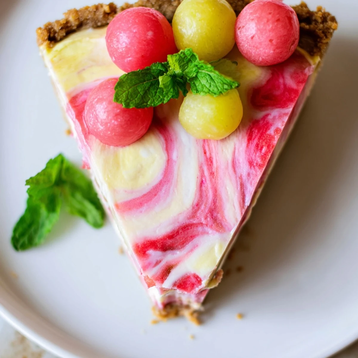 Summer dessert featuring frozen watermelon lemon cream tarts topped with watermelon balls and lemon zest on white plate