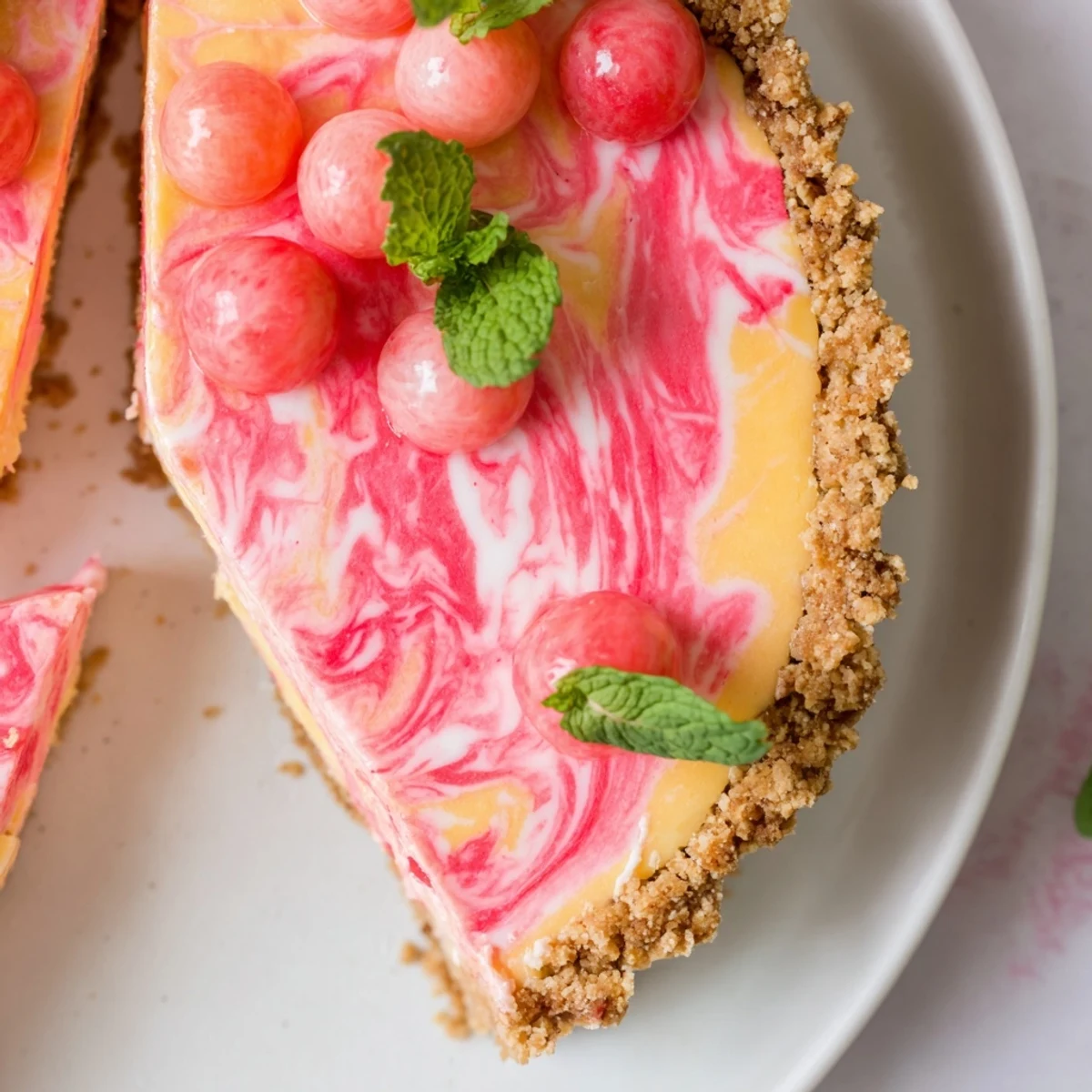 Mini frozen tarts with marbled watermelon and lemon cream layers on graham crust with mint sprigs