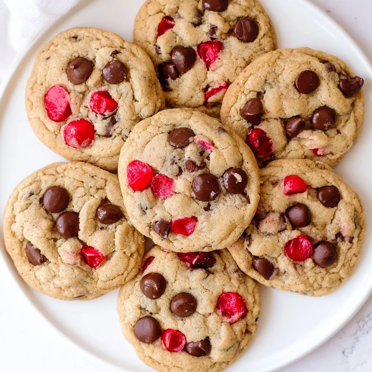 Soft chewy maraschino cherry chocolate chip cookies fresh from the oven on a wire cooling rack