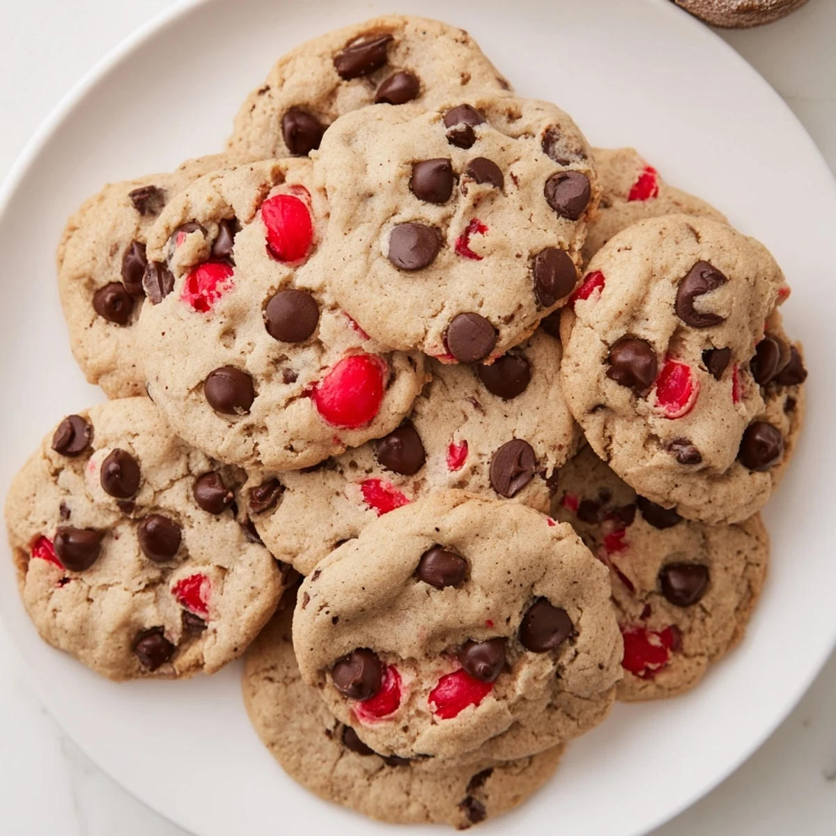 Golden brown maraschino cherry chocolate chip cookies with red cherry pieces and melted chocolate chips