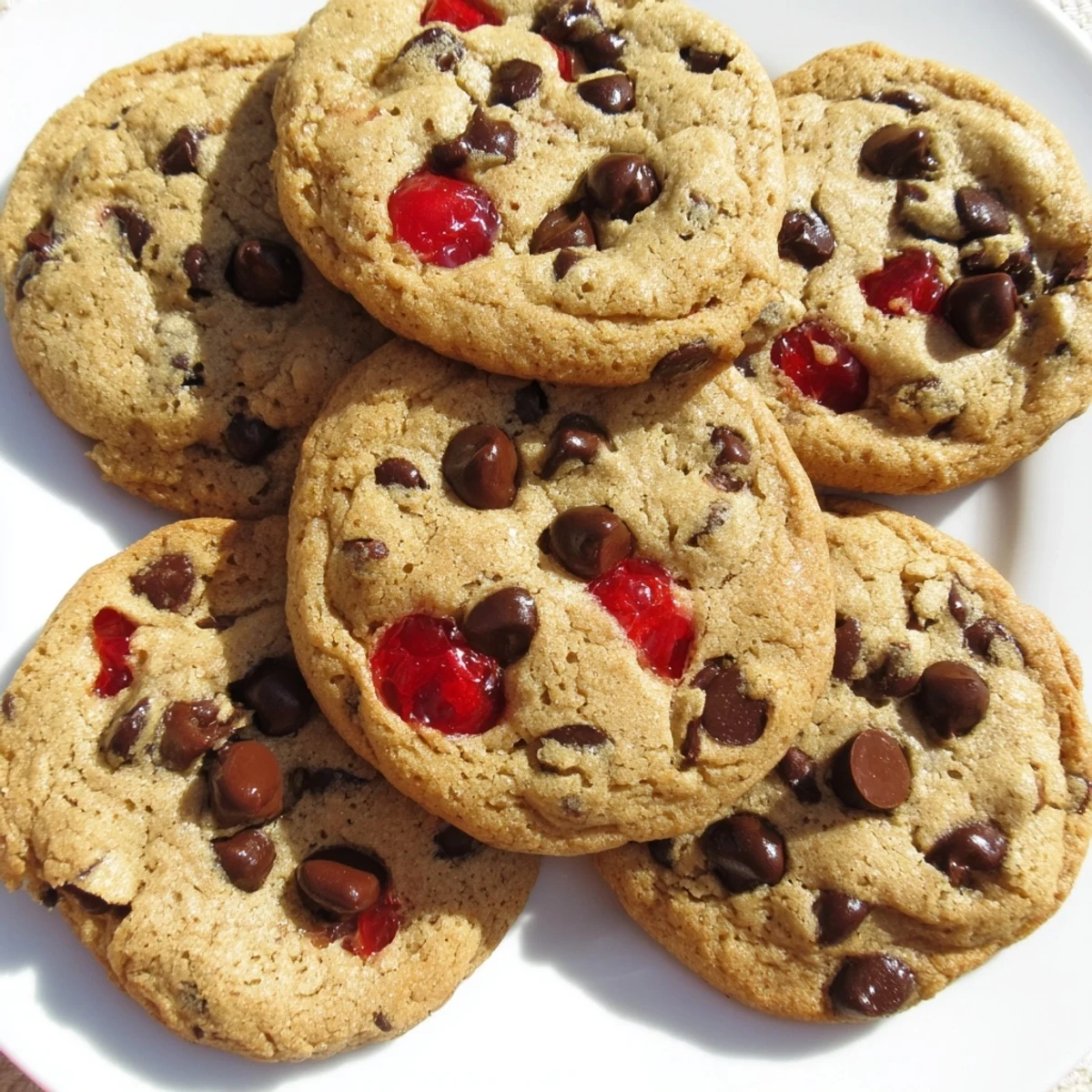 Plate of homemade maraschino cherry chocolate chip cookies studded with bright red cherries and chocolate chunks