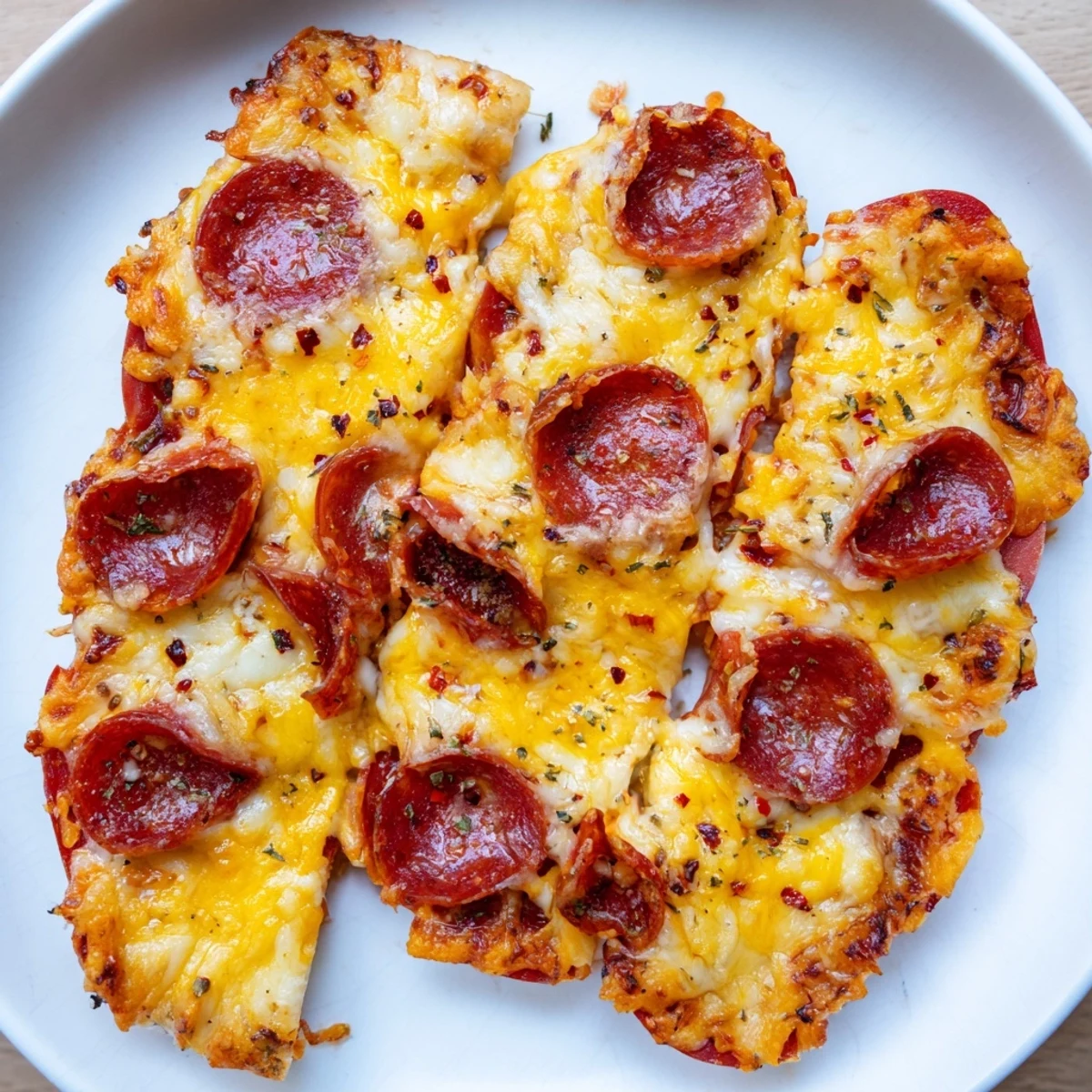 Golden baked pepperoni cheese chips with melted cheddar and mozzarella atop crispy pepperoni rounds
