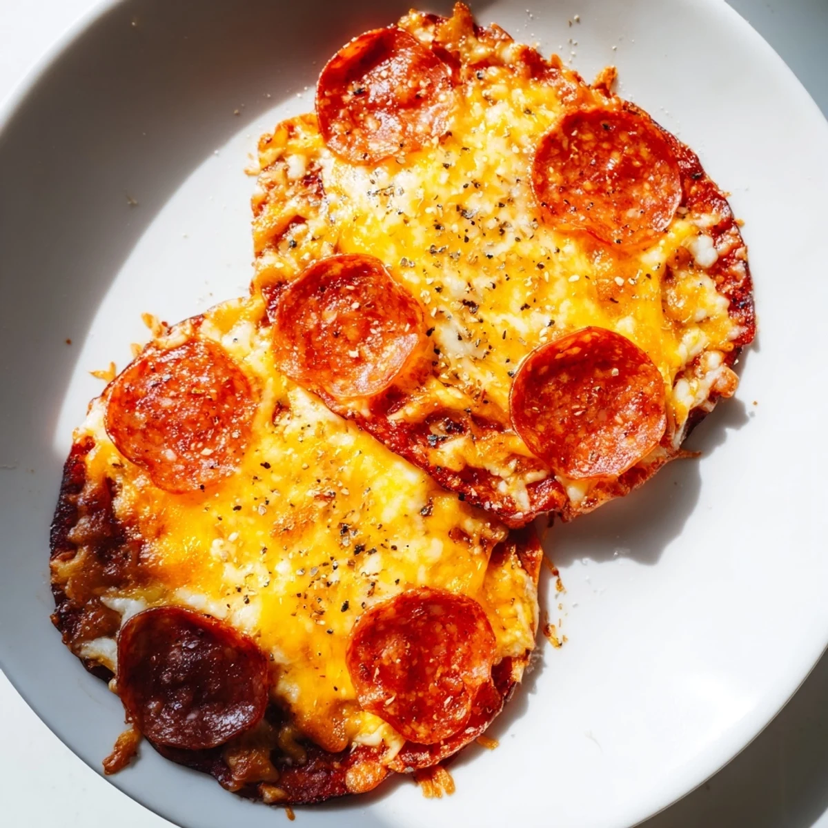 Low-carb crispy pepperoni cheese chips arranged on a white serving plate ready for snacking