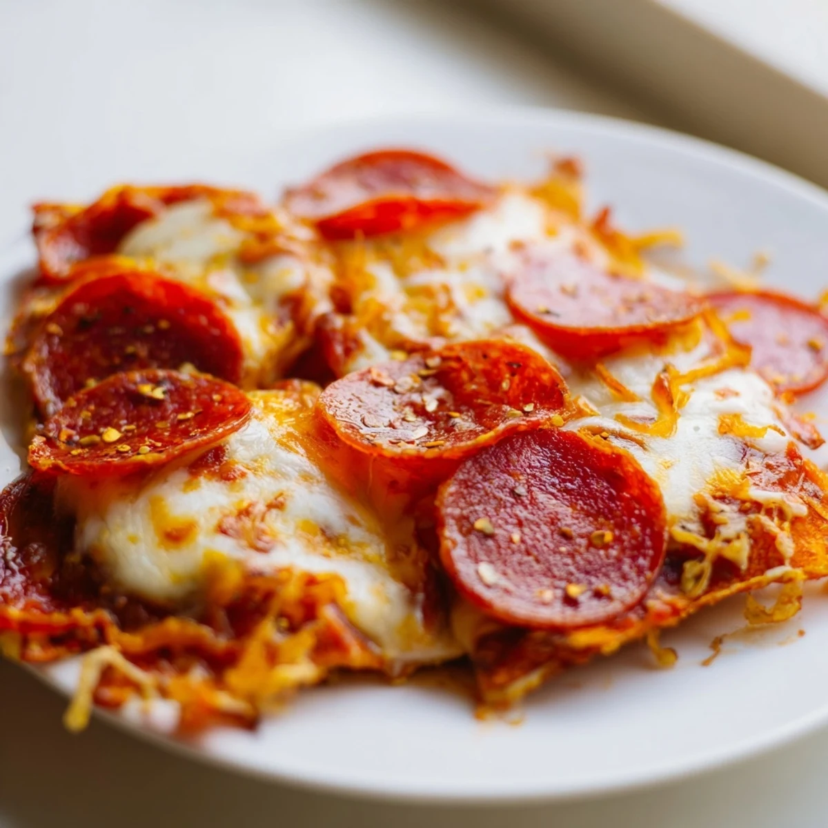 Savory baked pepperoni topped with bubbling cheese mixture creates these crunchy low-carb pepperoni cheese chips