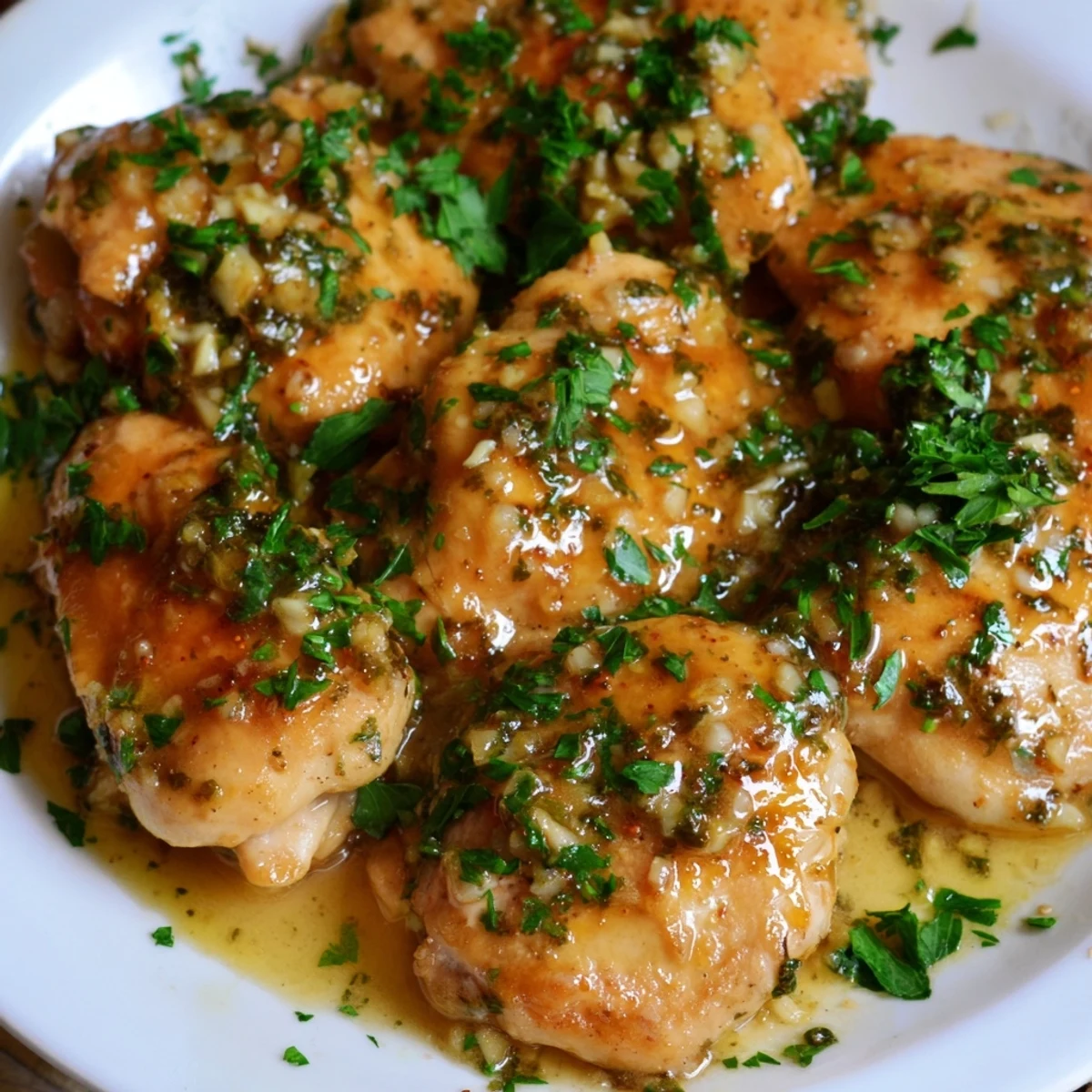 Golden brown garlic butter chicken bites glistening in a rich buttery sauce with fresh parsley garnish