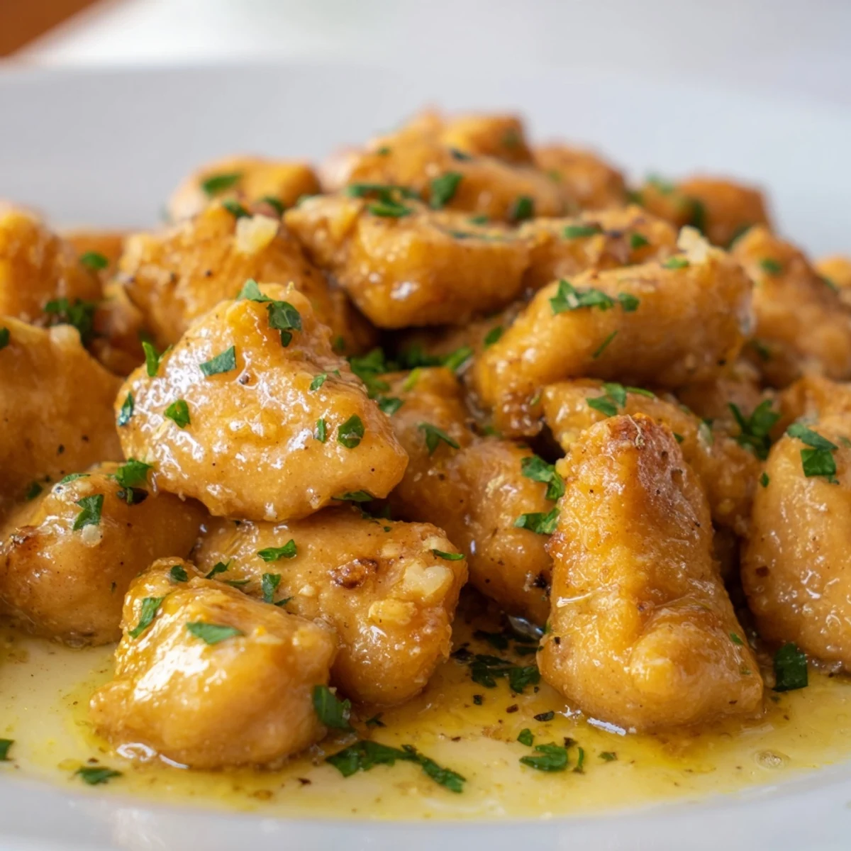 Tender pan-seared chicken pieces simmering in fragrant garlic butter sauce, served with lemon wedges