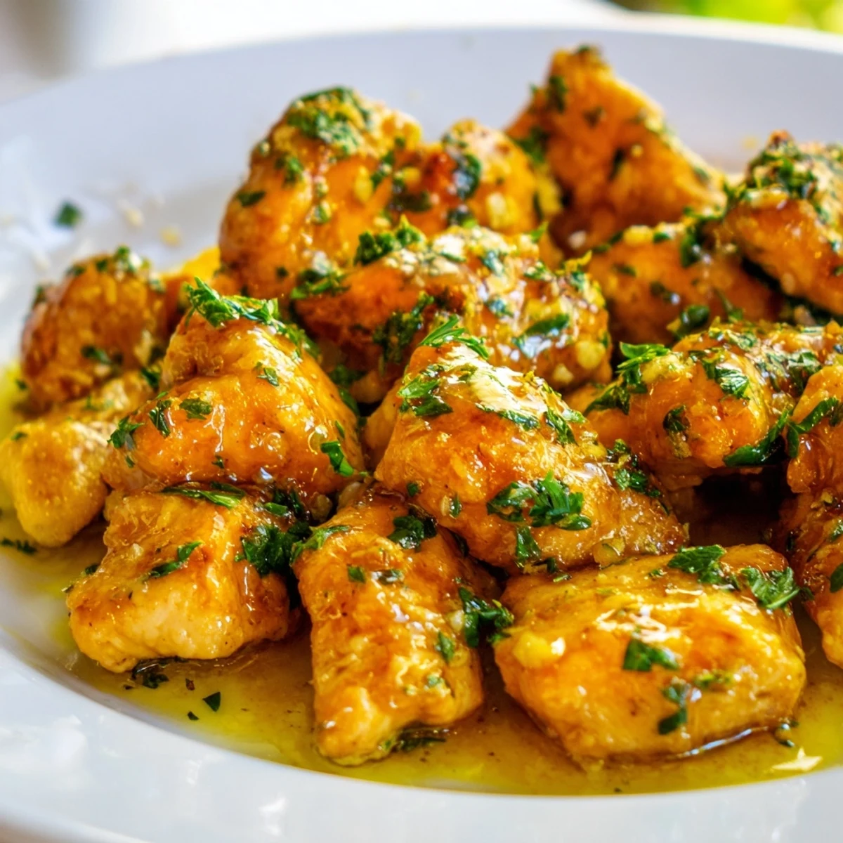 Succulent bite-sized chicken thighs coated in melted garlic butter and sprinkled with green parsley flakes