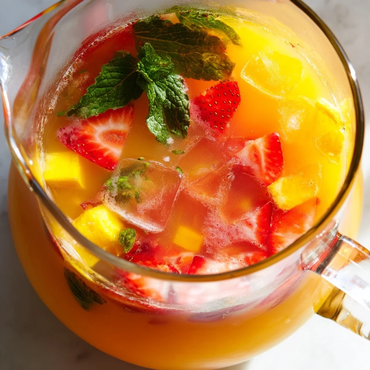 Tall glass of vibrant mango strawberry lemonade with sliced strawberries and mango pieces on the rim, condensation droplets visible