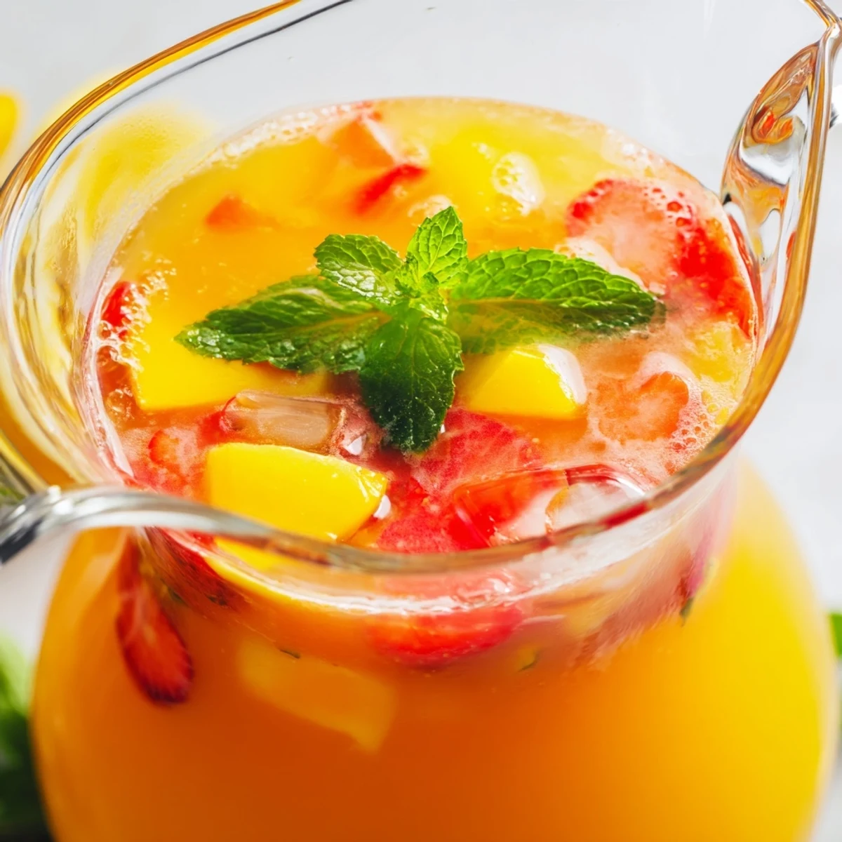 Mango strawberry lemonade in a clear glass pitcher garnished with fresh mint leaves and floating ice cubes on a wooden table