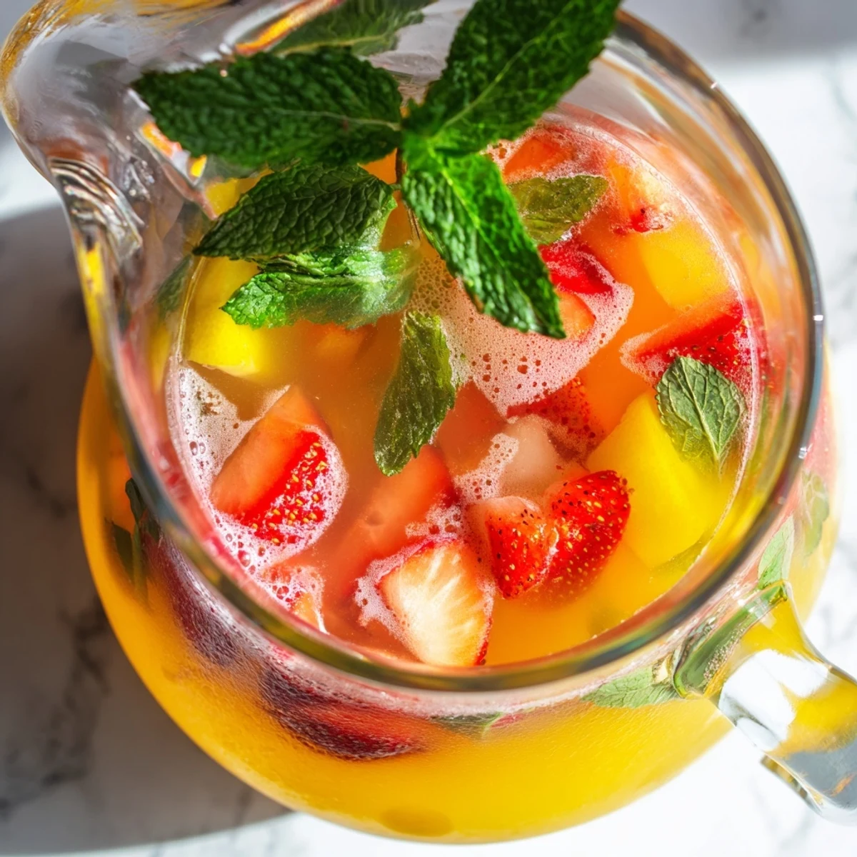 Refreshing mango strawberry lemonade served over ice with colorful fruit skewers and lemon wheels on a sunny patio setting