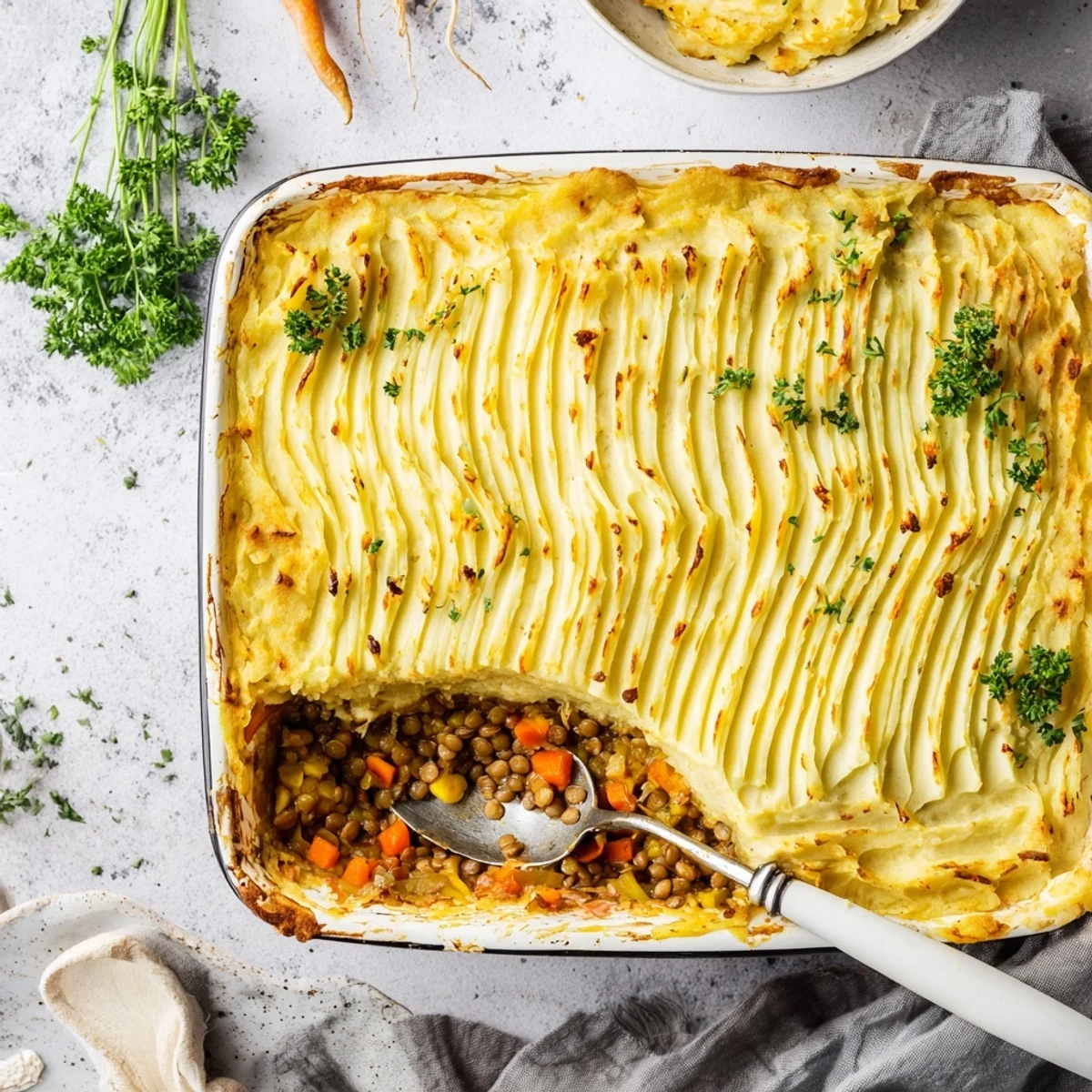 Hearty vegan French onion shepherd's pie bubbling with caramelized onions and lentils