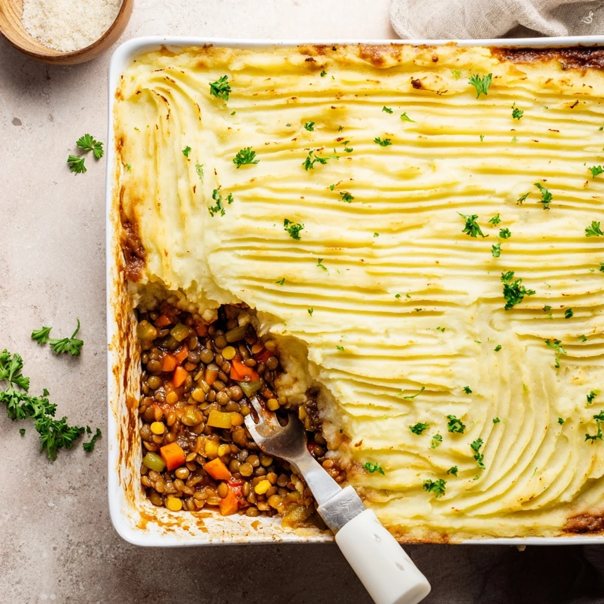 Creamy vegan French onion shepherd's pie fresh from oven with fork-tful texture