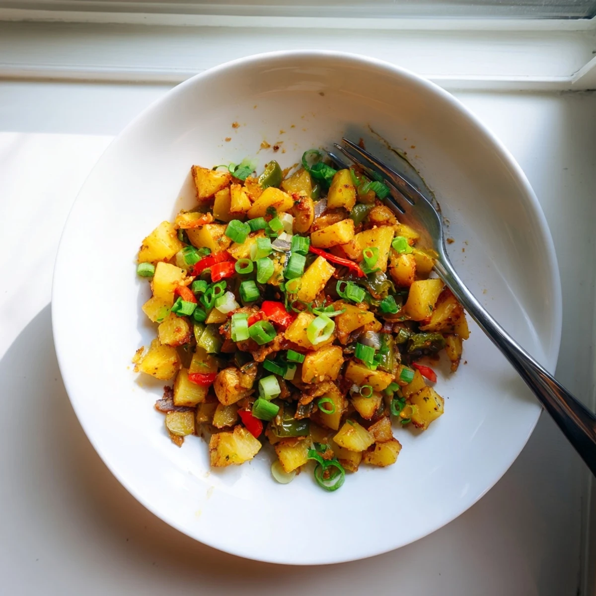 Golden crispy green chile hash with potatoes in a cast iron skillet topped with fresh cilantro