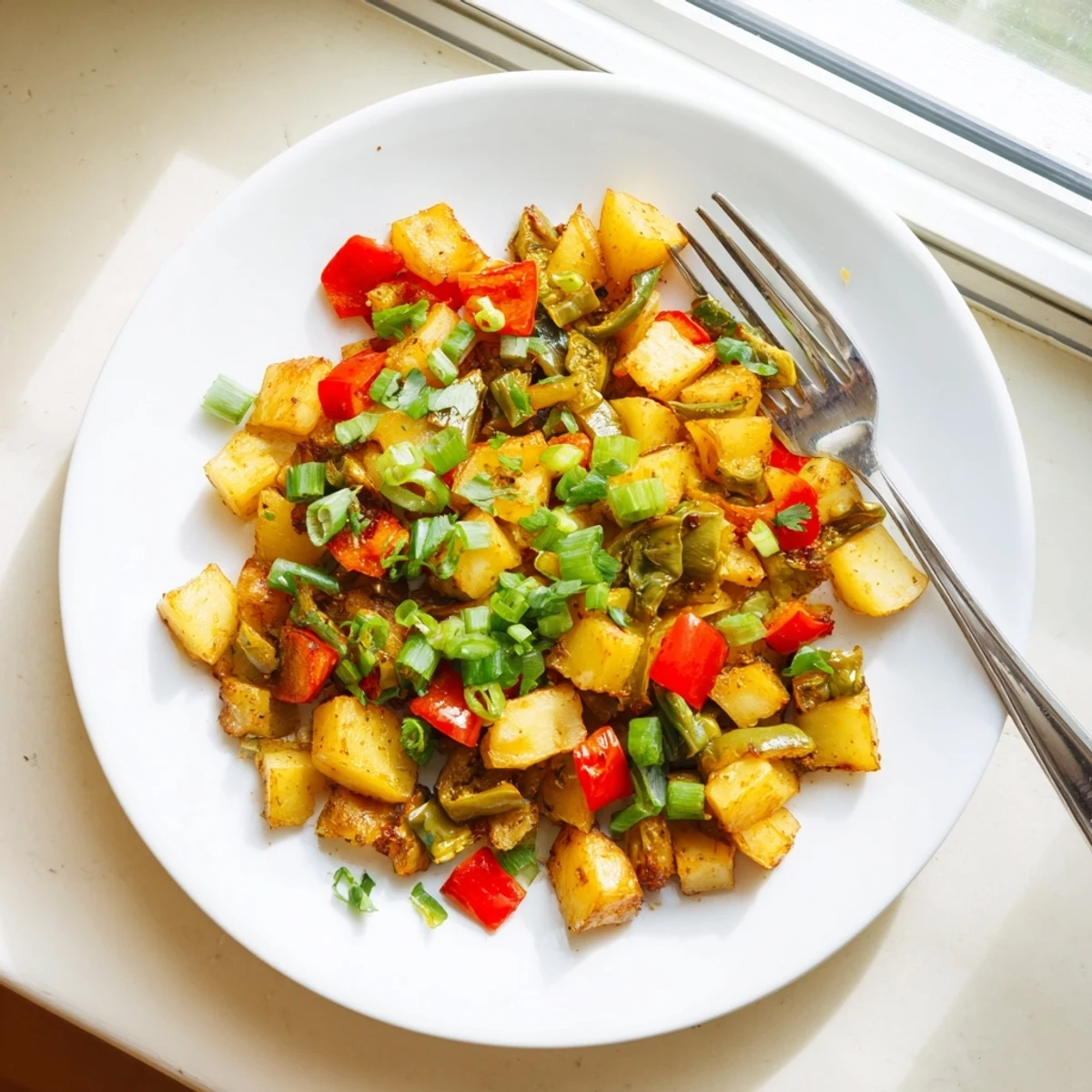 Southwestern green chile hash with roasted chiles and golden brown potatoes ready for brunch