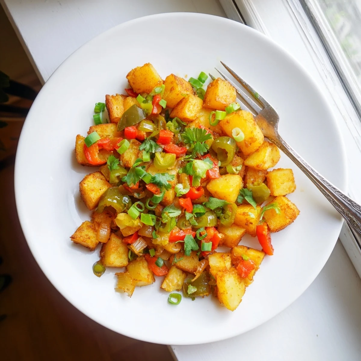 Flavorful green chile hash featuring crispy Yukon Gold potatoes with red bell pepper and green onions