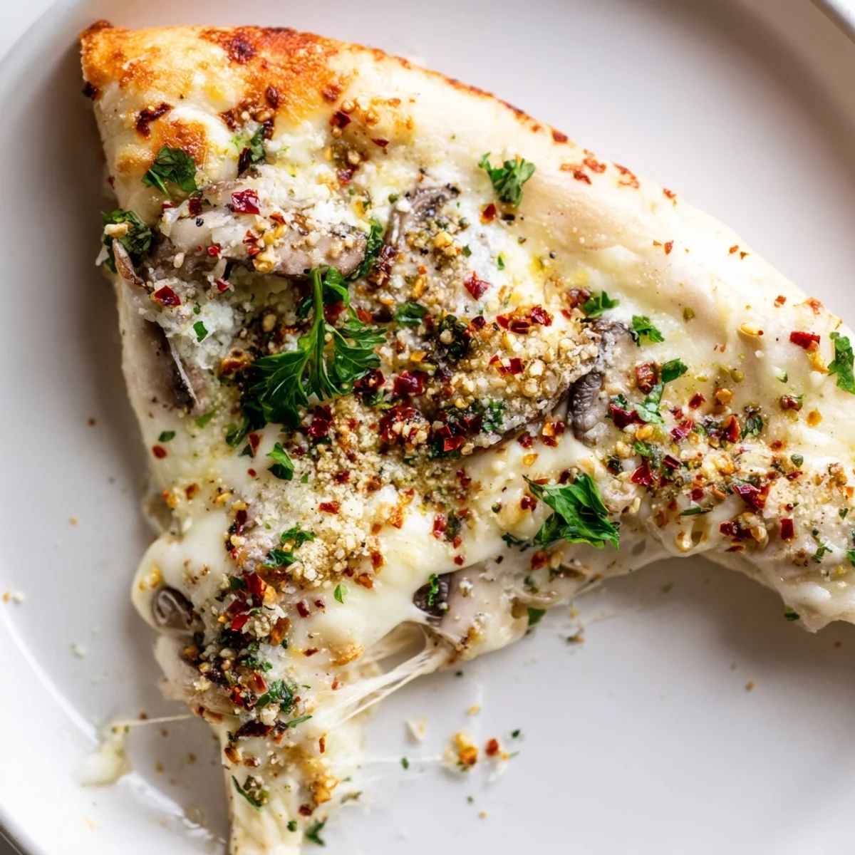 Savory vegetarian white mushroom mozzarella pizza featuring melted cheese and aromatic oregano on a crisp crust