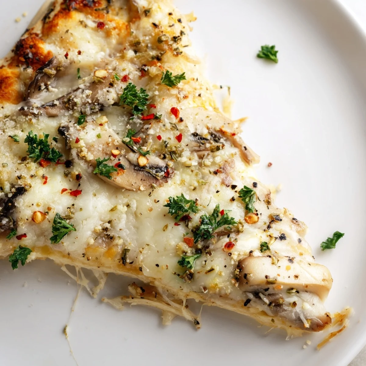 Golden white mushroom mozzarella pizza with bubbling cheese and fresh herbs on a wooden board
