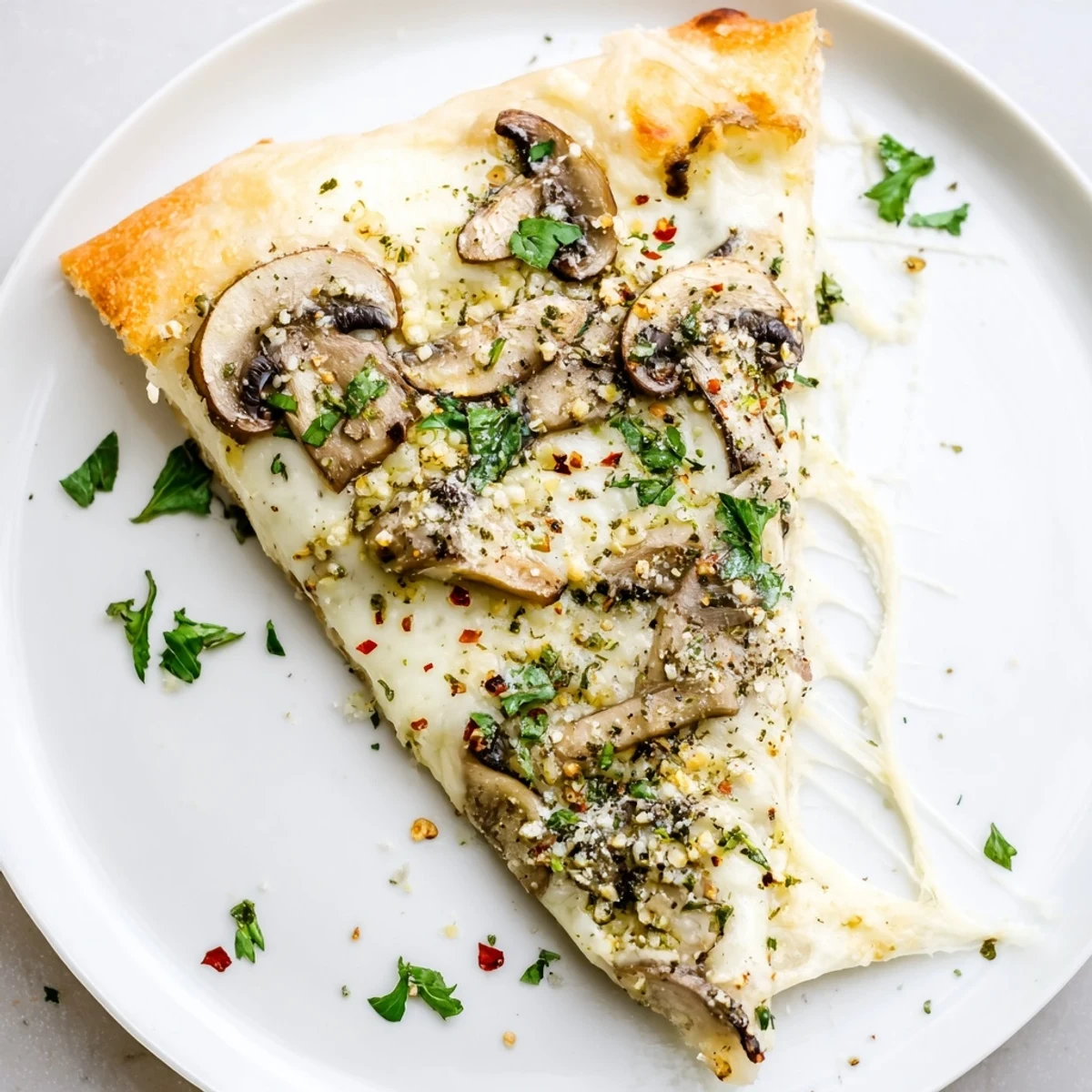 Homemade white mushroom mozzarella pizza topped with sautéed mushrooms and garnished with fresh parsley