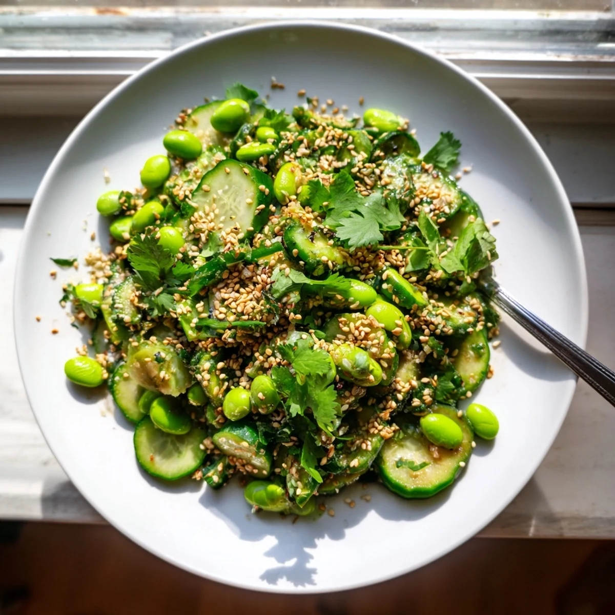 Crisp cucumber and tender edamame tossed in savory sesame soy dressing