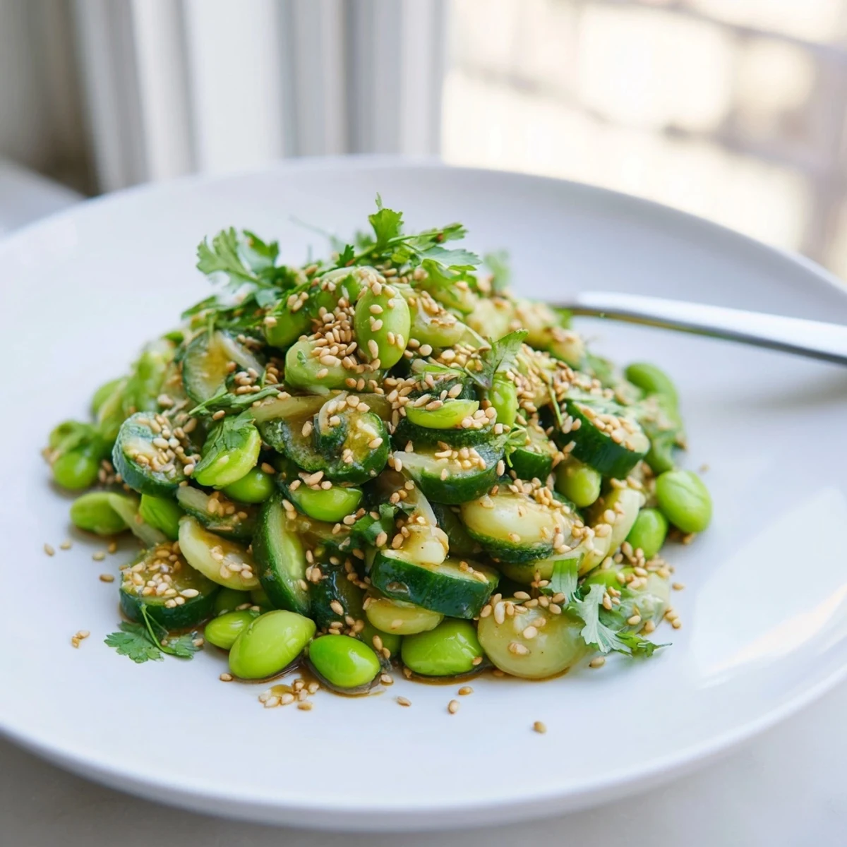 Fresh Japanese edamame cucumber salad topped with sesame seeds in white bowl