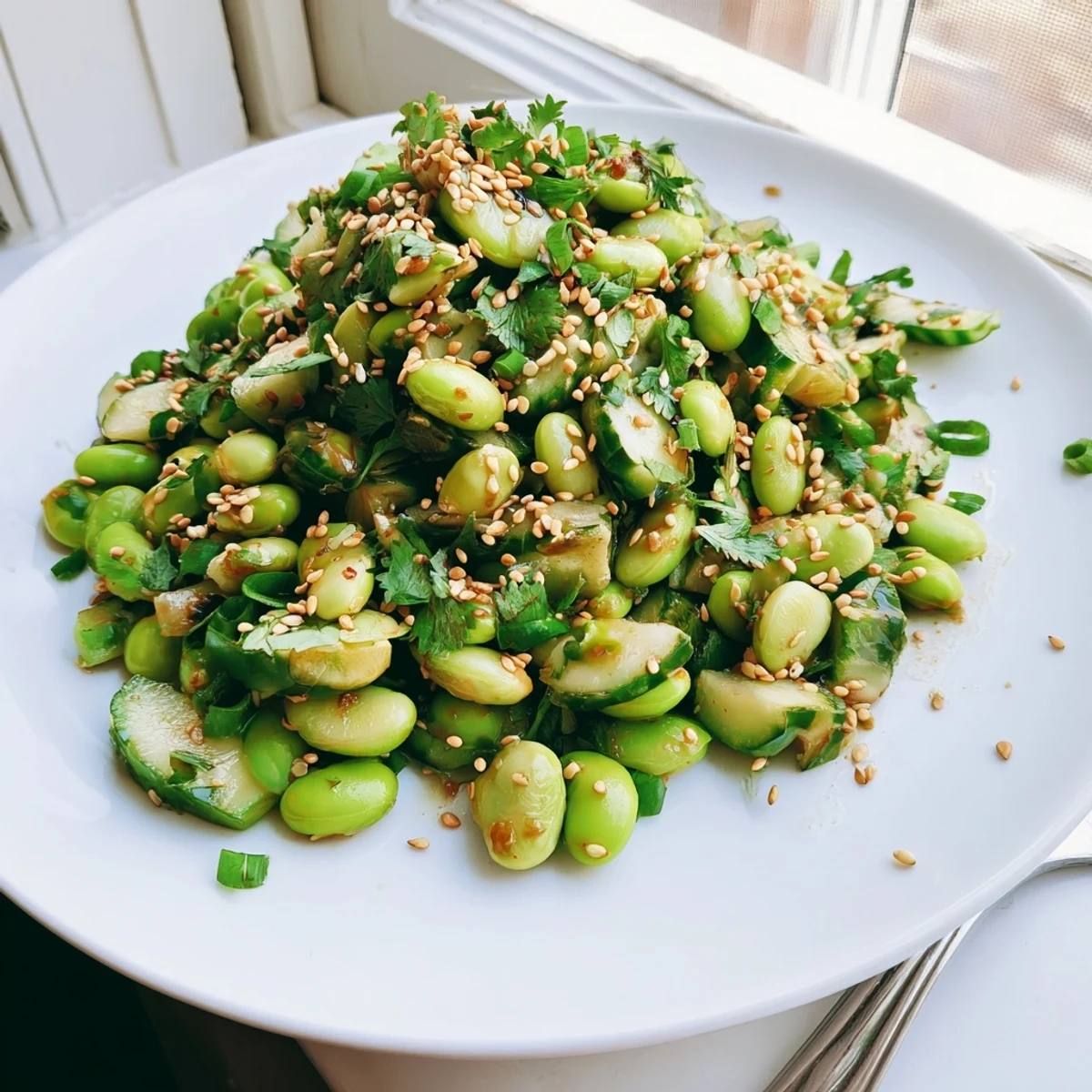Vibrant green salad with edamame, sliced cucumbers, and drizzled sesame dressing
