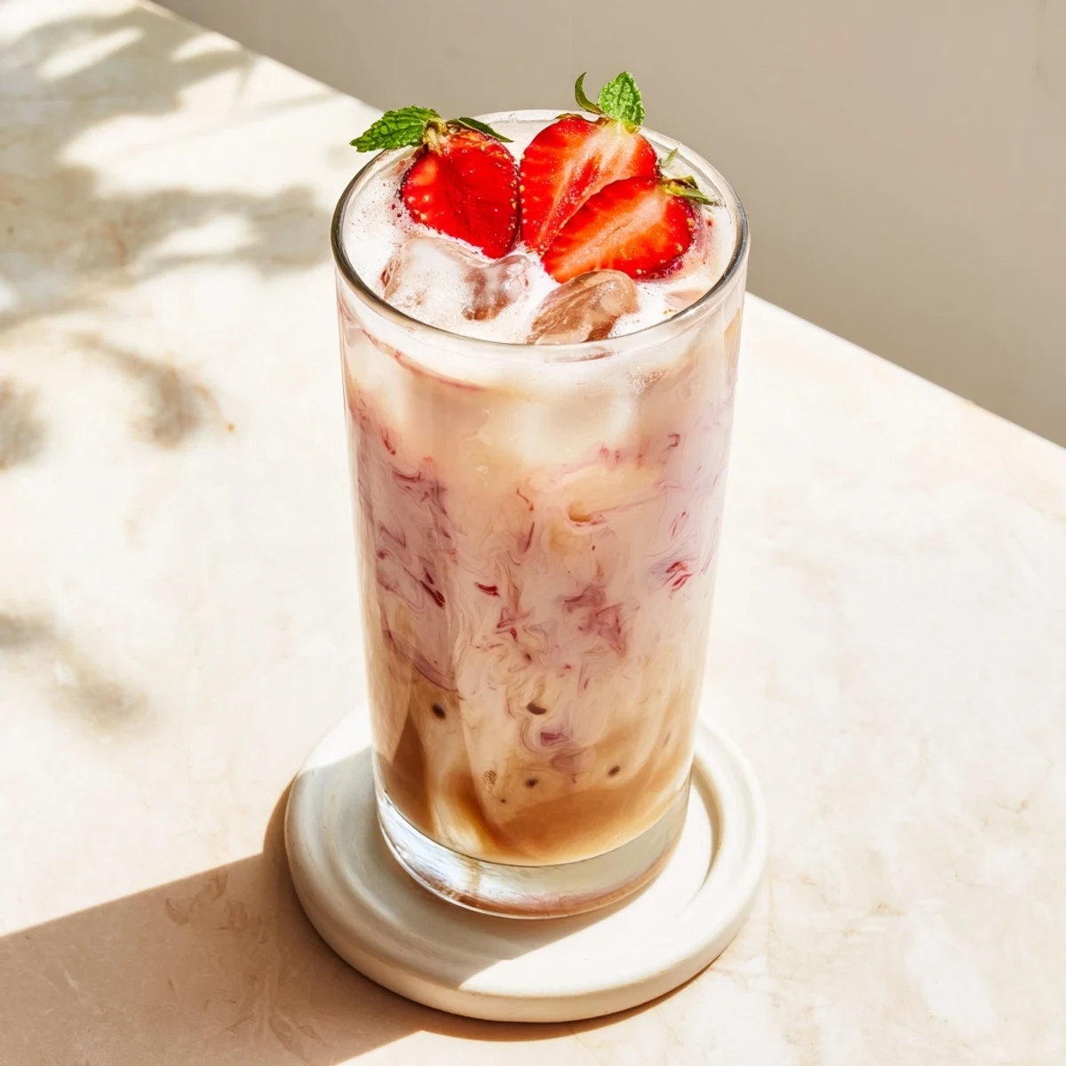 Creamy strawberry Earl Grey milk tea in a tall glass garnished with fresh strawberry slices