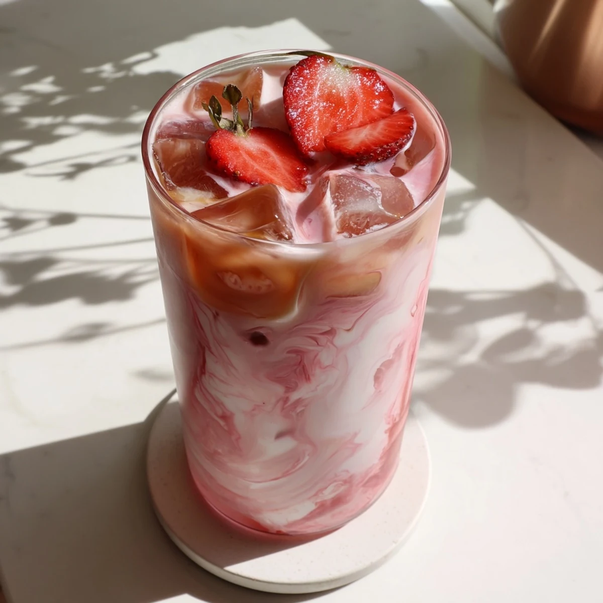 Pink strawberry Earl Grey milk tea topped with mint leaves and fresh berries