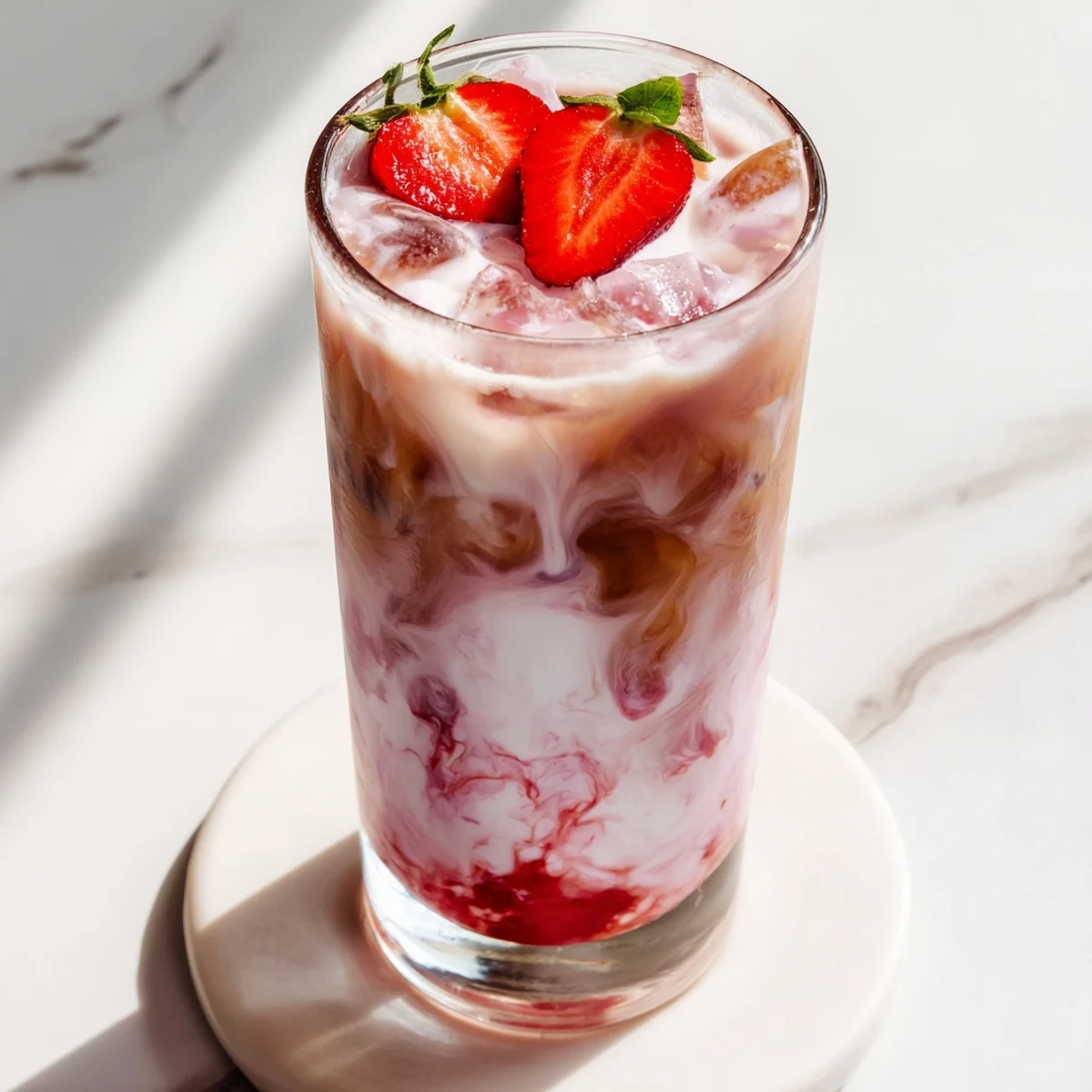 Fragrant Earl Grey tea blended with sweet strawberries and rich milk over ice