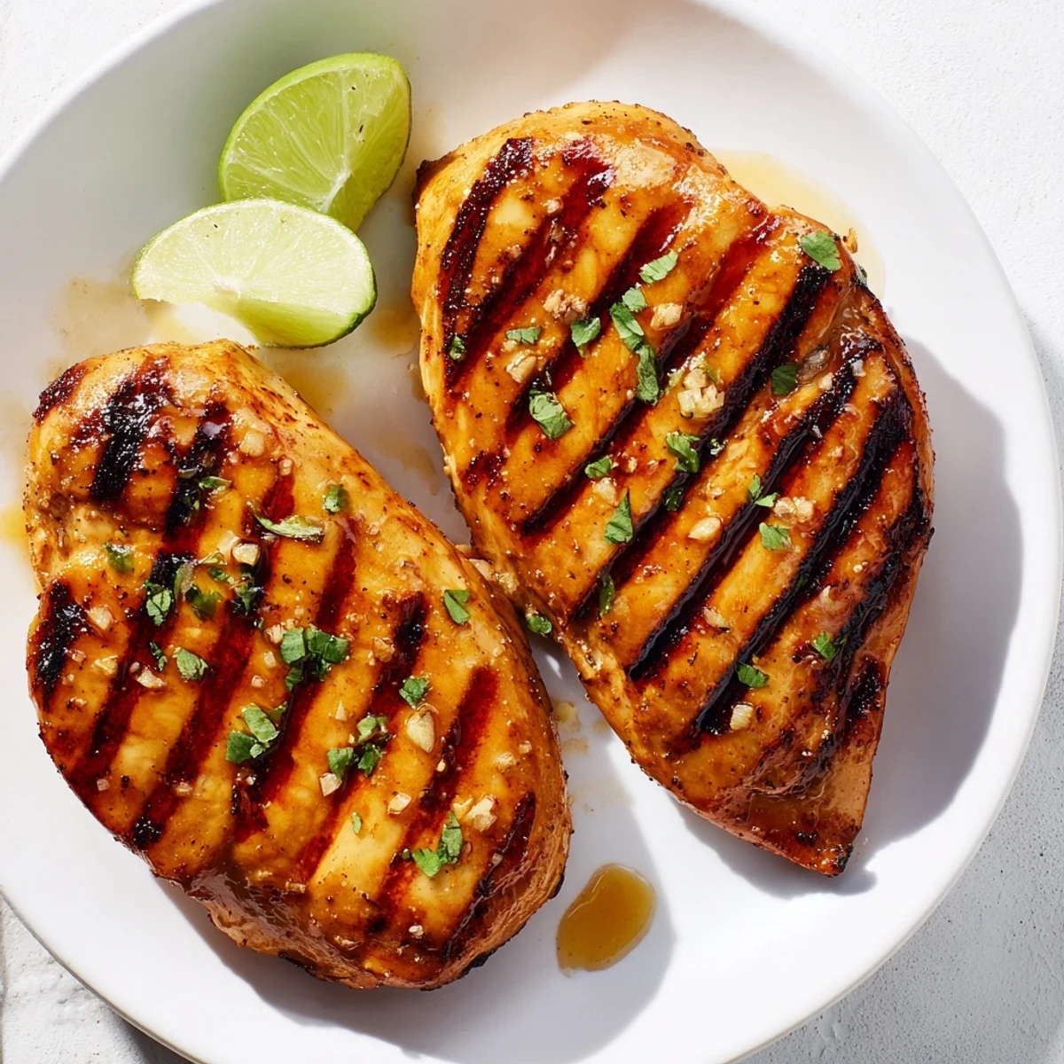Key West Grilled Chicken sizzling on charcoal grill, garnished with lime wedges  