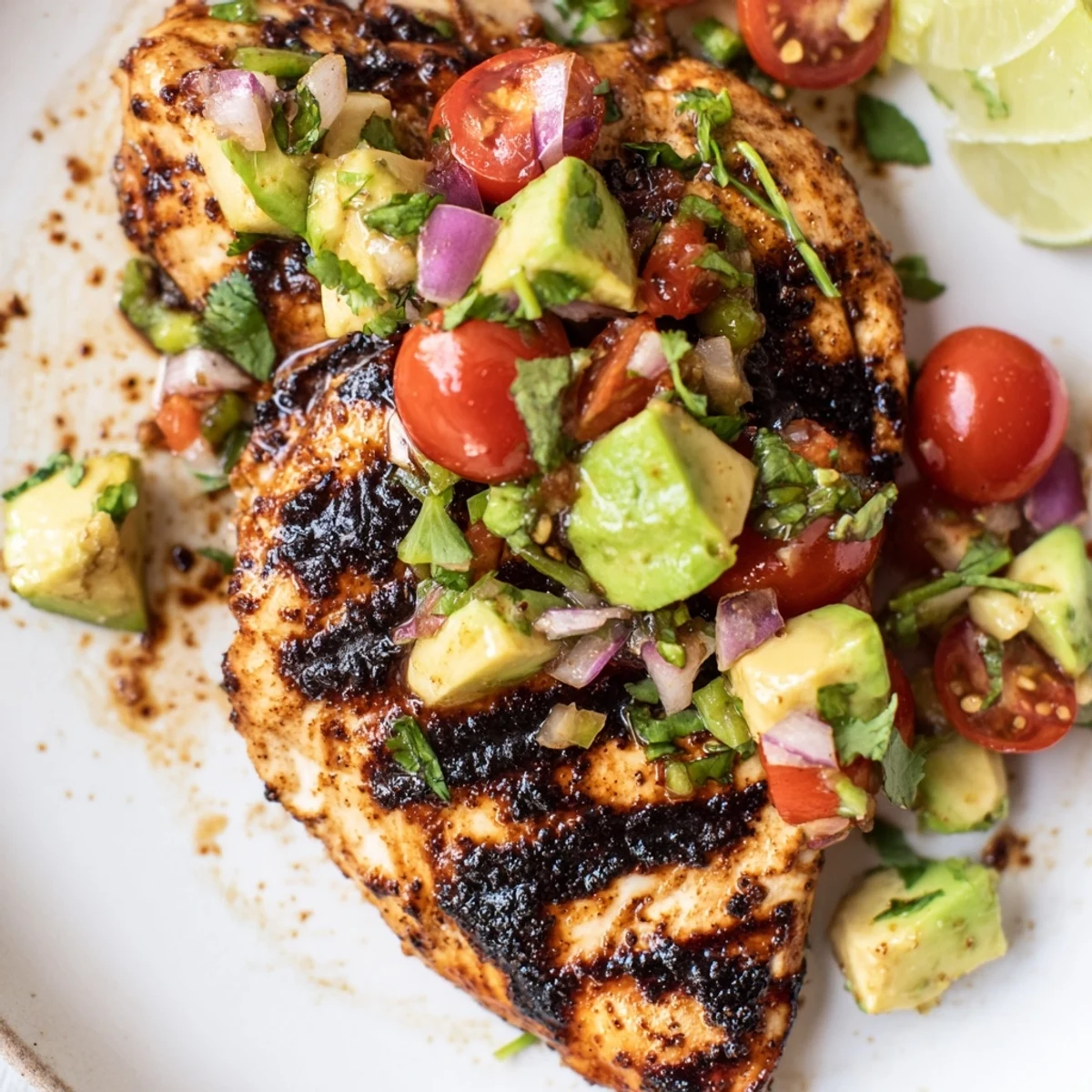 Juicy Grilled California Avocado Chicken topped with creamy avocado salsa and lime