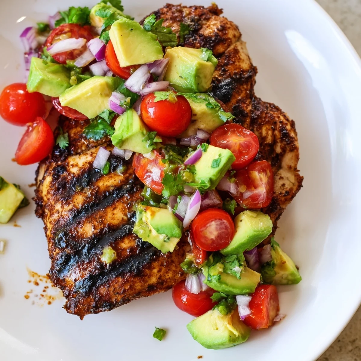 Plate of Juicy Grilled California Avocado Chicken with charred edges and cilantro