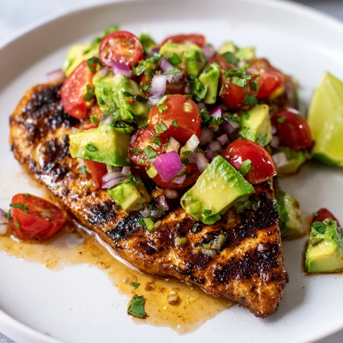 Weeknight Juicy Grilled California Avocado Chicken served alongside grilled corn and lime
