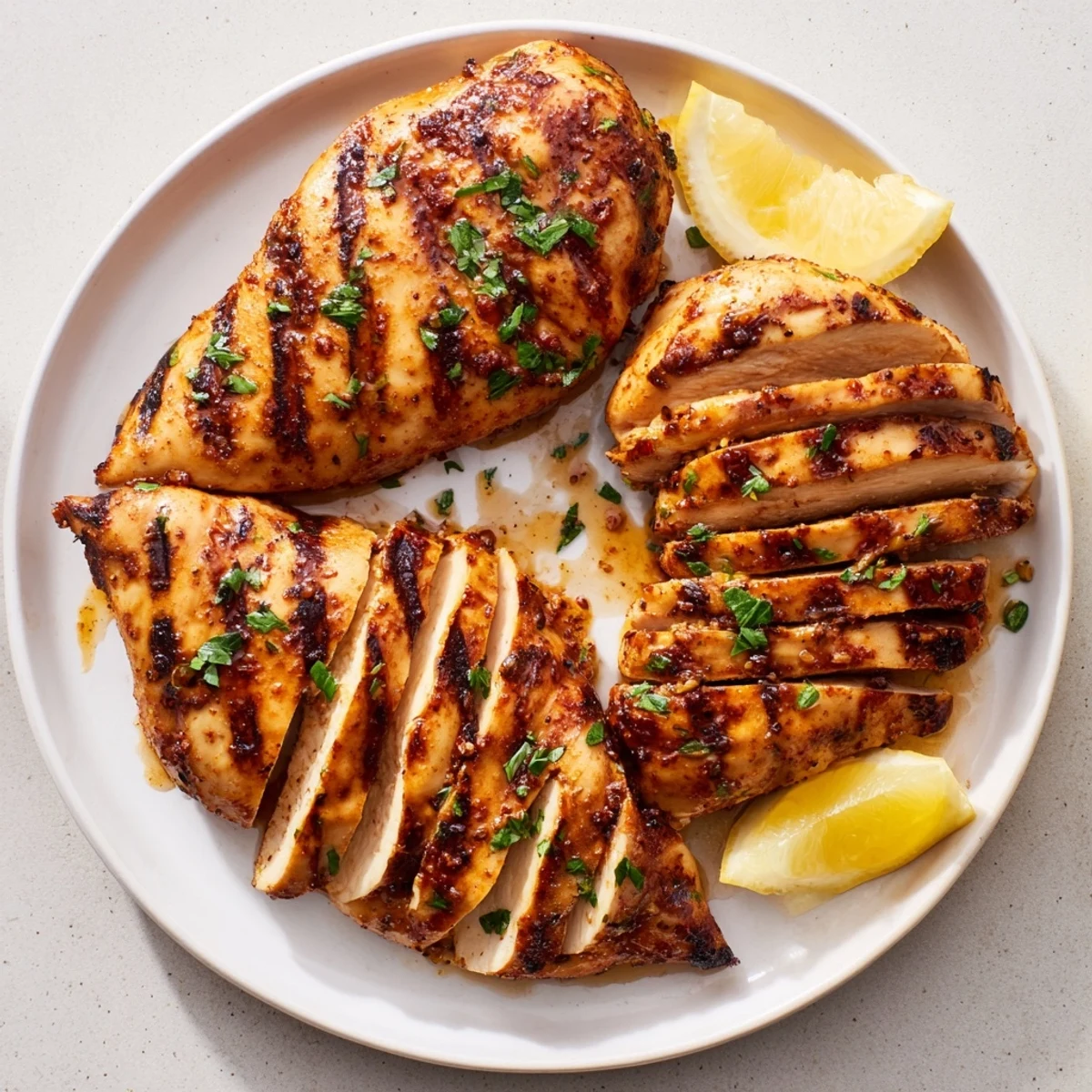 Grilled Chicken glistening with herbs, lemon wedges, resting on wooden board