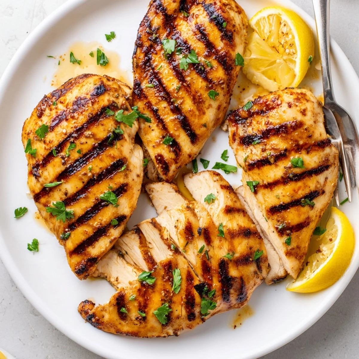 Juicy Grilled Chicken sliced beside charred vegetables, parsley garnish and lemon