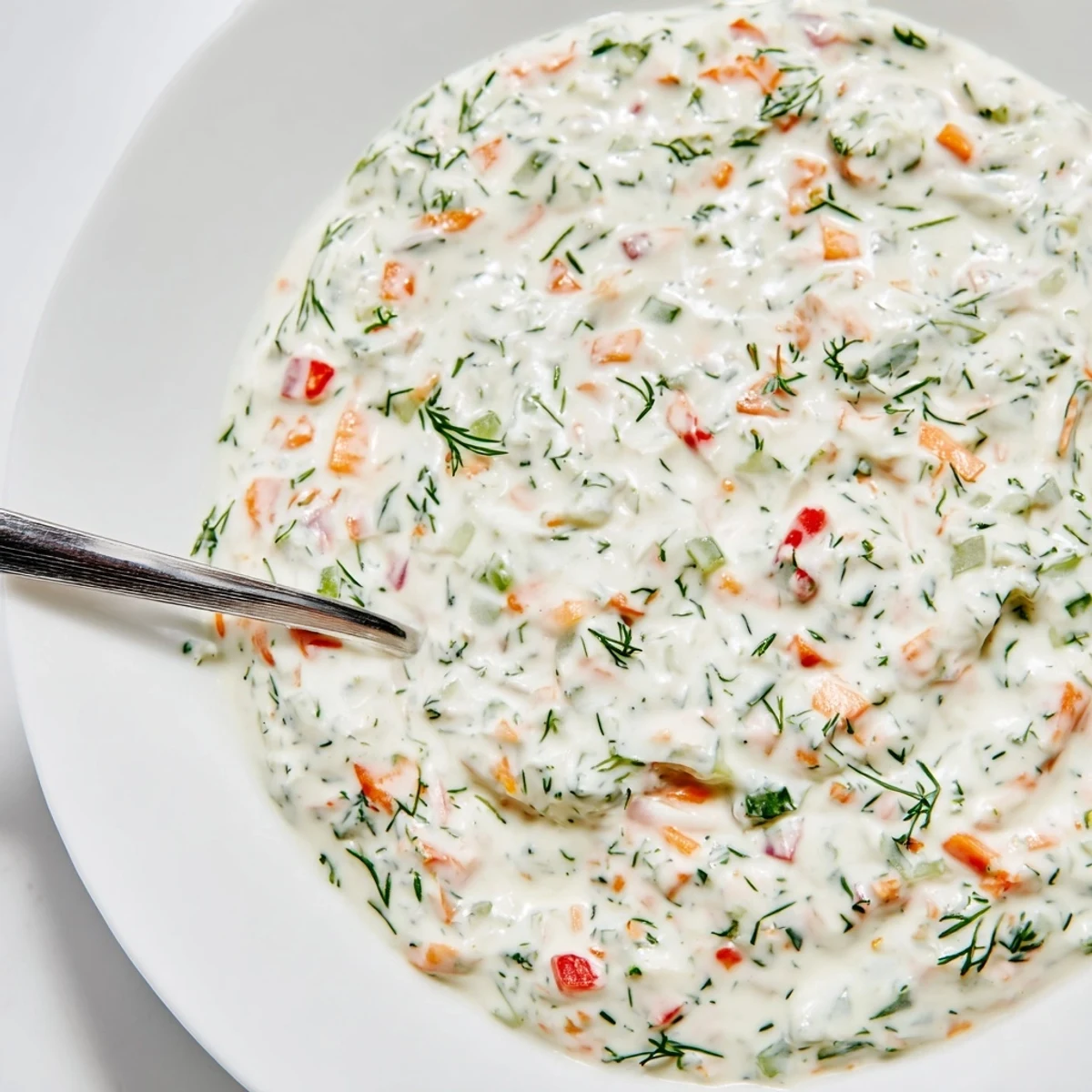 Creamy fresh vegetable spring garden dip with colorful diced peppers, carrots, cucumber, and herbs