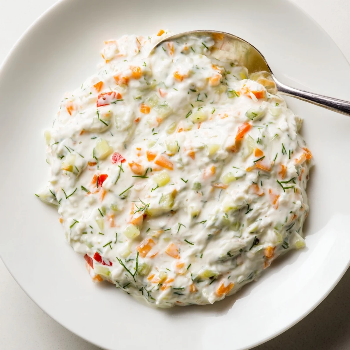Light and tangy spring garden vegetable dip served in a white bowl with fresh herb garnish